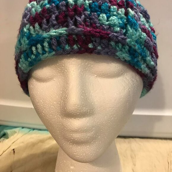 🐻Youth Handmade Messy Bun Beanie - Blue Tones - 6" Long 17"-22" - Picture 2 of 3